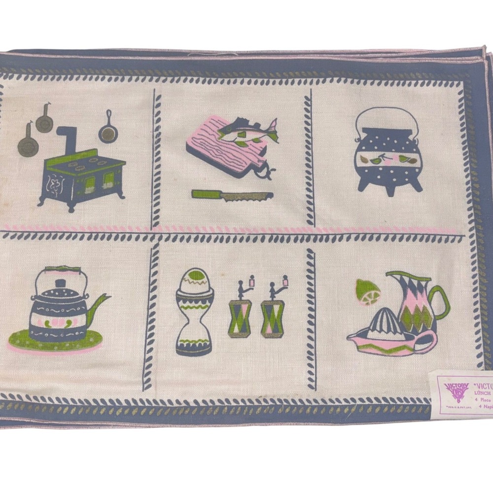 NEW | Vintage Victory | Pure Linen | 4 Place Mats ONLY | MCM Kitchen Pink‎ Green